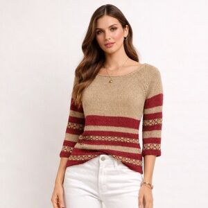 Embroidered Beaded Knit Striped Sweater Bohemian Vintage